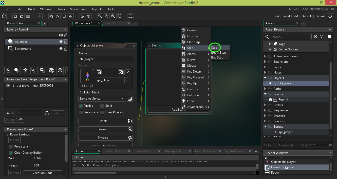 Game Maker Studio 2.3 - в окне Events, которое привязано в окну obj_player кнопку Add Event и создадим обработчик события Step