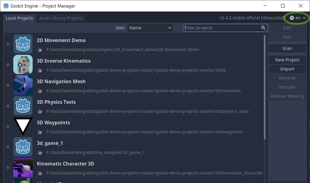 godot engine 3.4.2.stable.official окно менеджера проектов