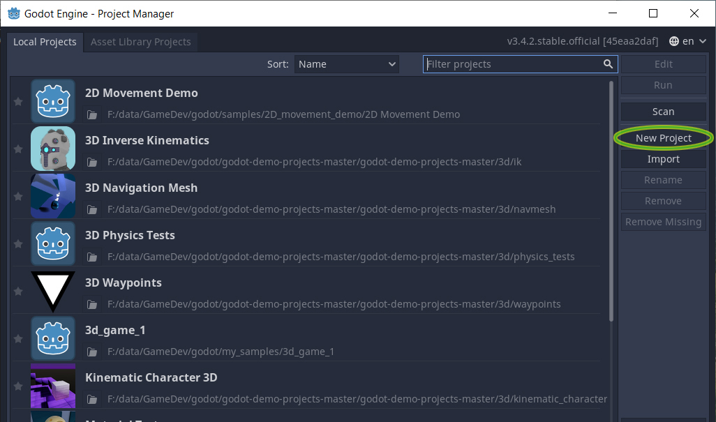 godot engine 3.4.2.stable.official окно менеджера проектов - Выбираем пункт New Project, чтобы создать новый пустой проект